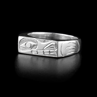 This sterling silver ring has a thin, rectangle signet  with the Wolf carved across the rings surface.