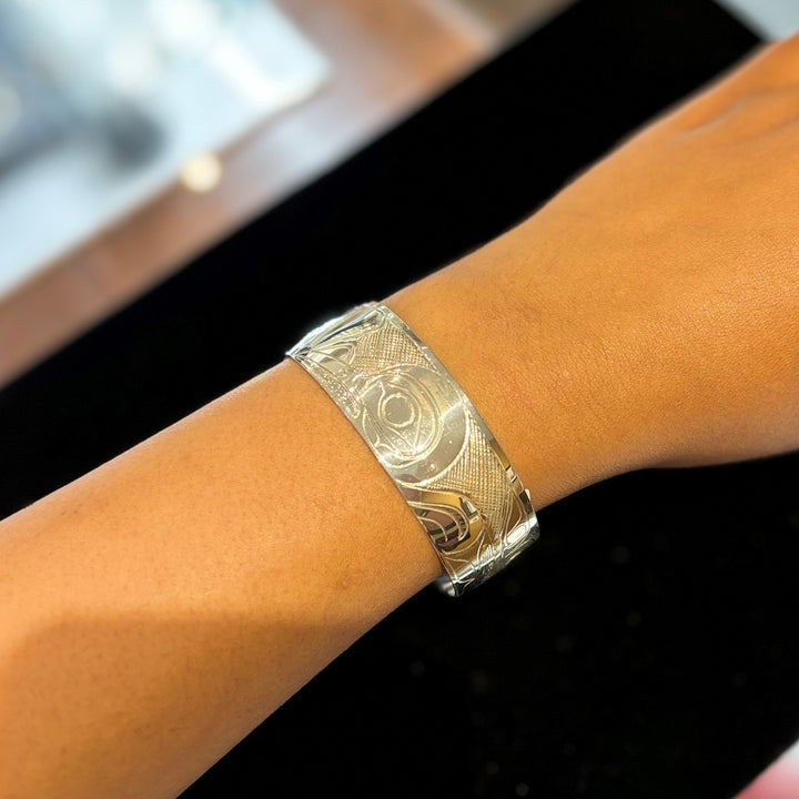 This photo shows the hummingbird bracelet on a female wrist.