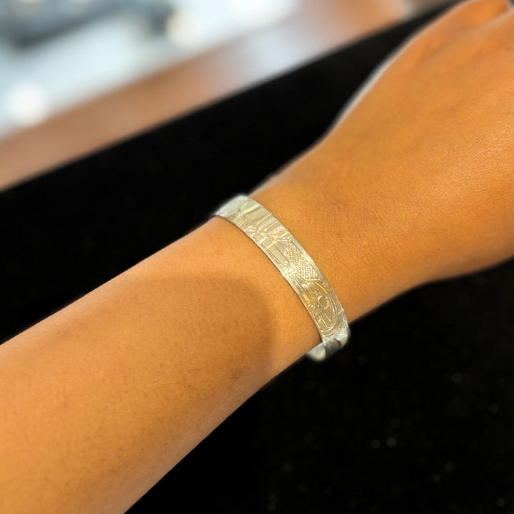 This photo shows the hummingbird bracelet on a female wrist.