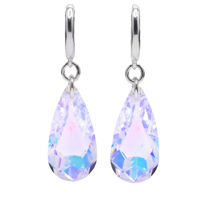These Swarovski crystal earrings feature aurora borealis teardrop Swarovski crystals with sterling silver leverback clips.