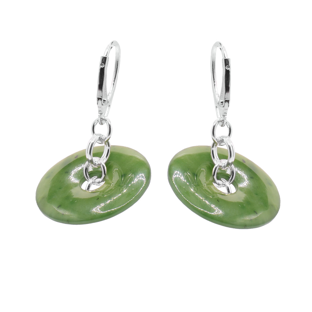 These Jade Disc Dangle Earrings are handcrafted BC Jade discs looped through sterling silver chains with hooks.