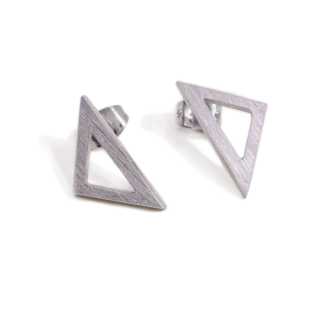 These sterling silver earrings are studs and are shaped like triangles.
