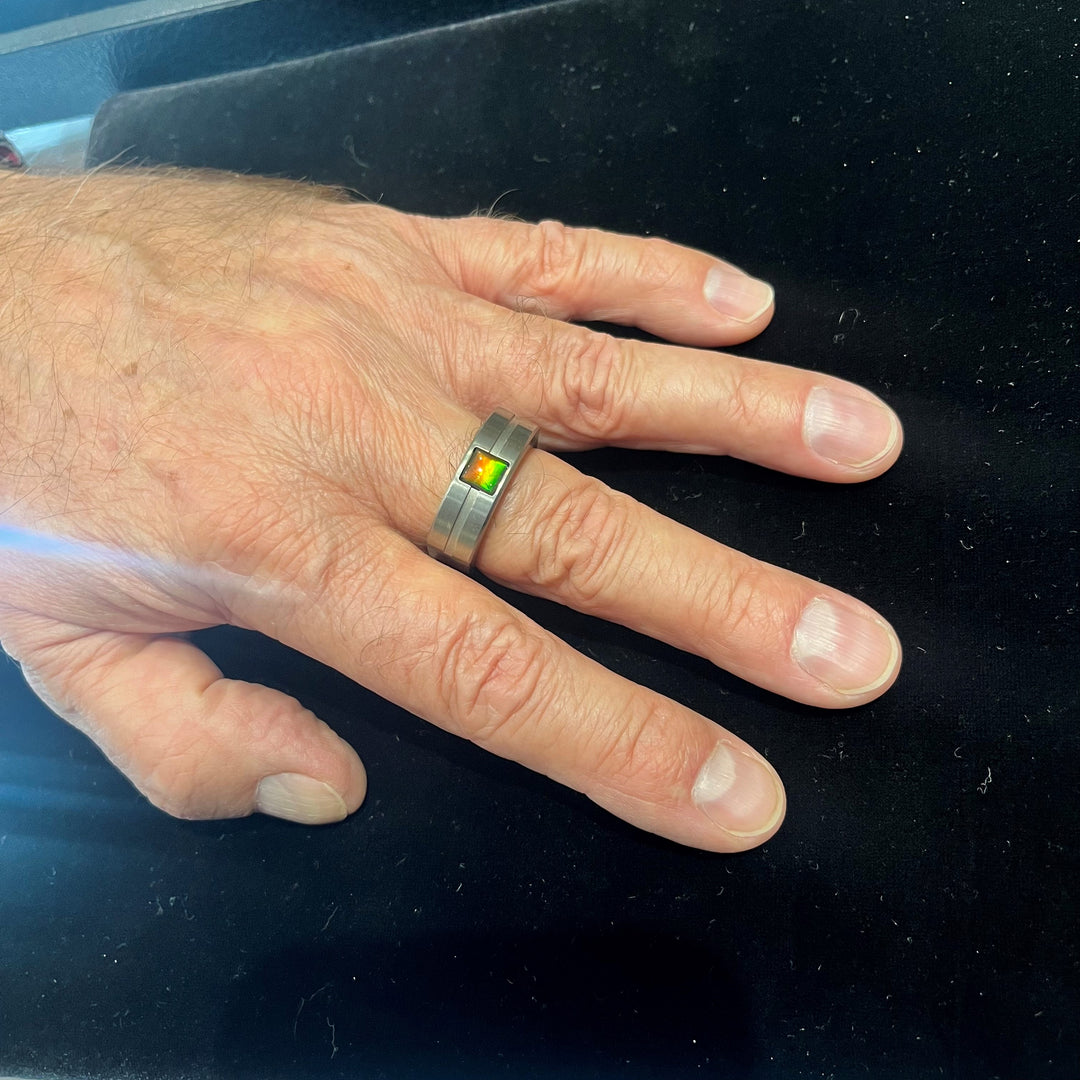 Grey Titanium Band Ammolite Solitaire Ring - Artina's Jewellery
