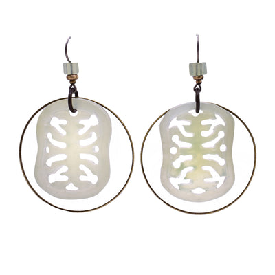 Large, carved celadon jade dangle earrings with brass hoops. Titanium ear hooks.