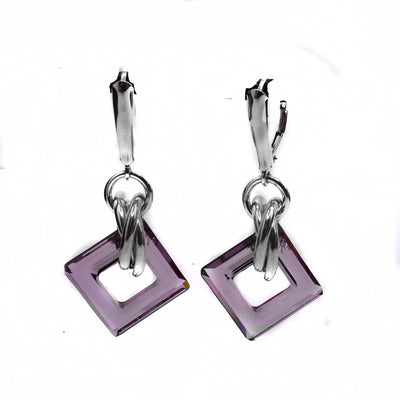 These dazzling crystal earrings have square shaped hoops made from antique pink Swarovski crystals for hangs. There crystals hangs from sterling silver links and have links wrapped around them aswell.
