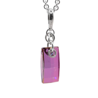 This crystal pendant has a sterling silver jump ring and chain with a rectangular urban amethyst Swarovski crystal attached to it.