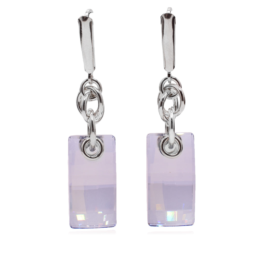 These sterling silver dangle earrings have multiple silver hoops with square, blue shade Swarovski crystal hangs.