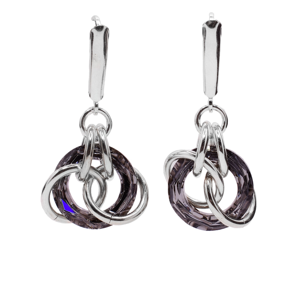 These sterling silver crystal earrings have charcoal Swarovski crystal discs with silver hoops linked through them.