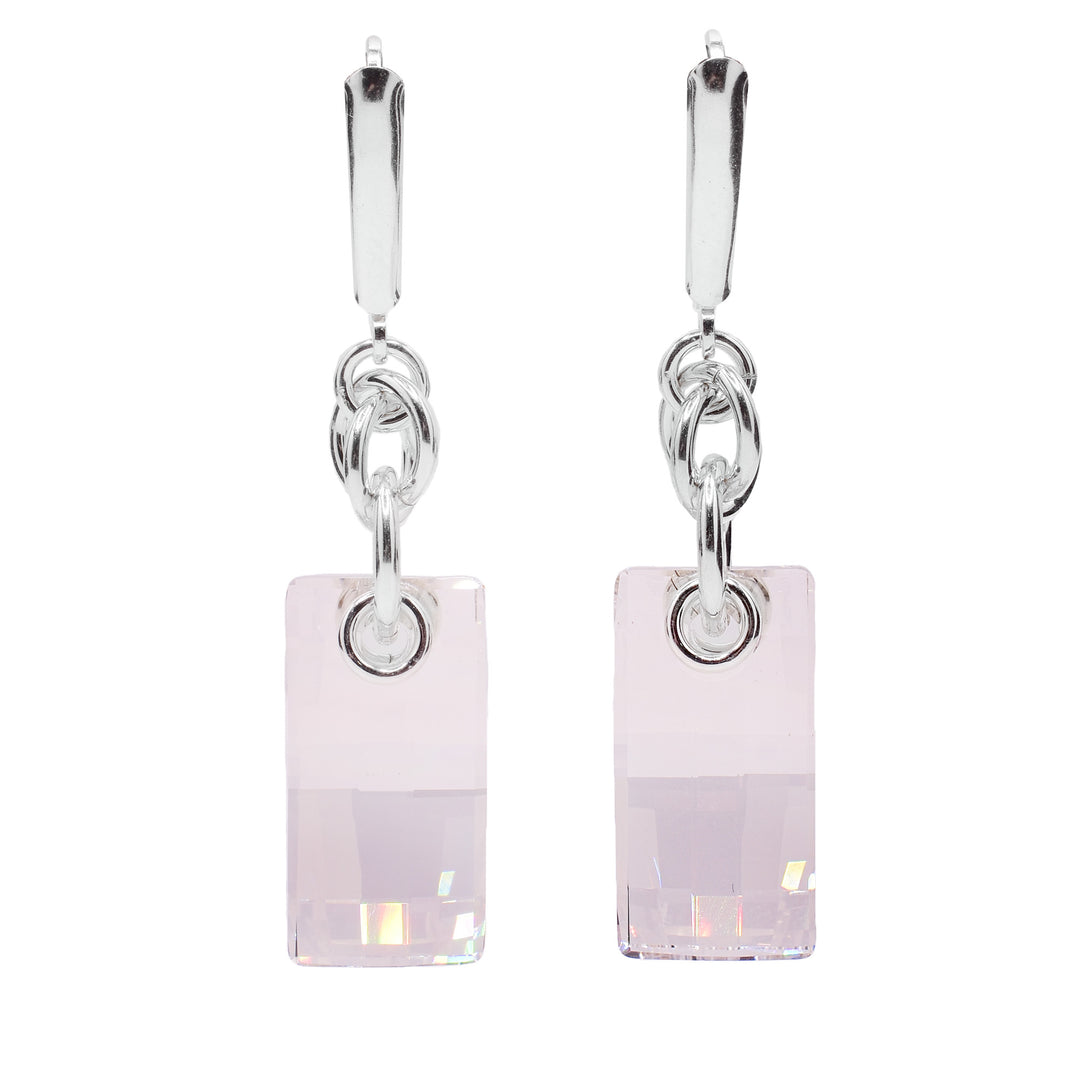 These sterling silver crystal earrings have multiple silver hoops with square, urban smoke Swarovski crystal hangs.