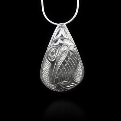 Sterling silver rounded teardrop hummingbird pendant.
