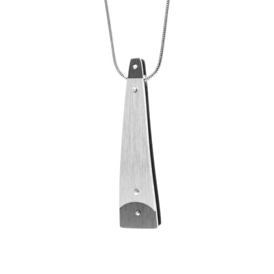 Long, minimalist brushed and anodized aluminum pendant with stainless steel snake chain. By JR Franco.