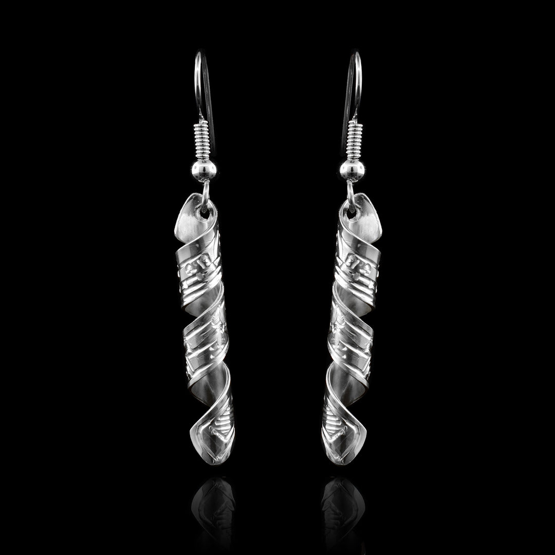 These spiral earrings are a long rectangle, featuring a wolf, twisted into a hanging, vertical spiral.