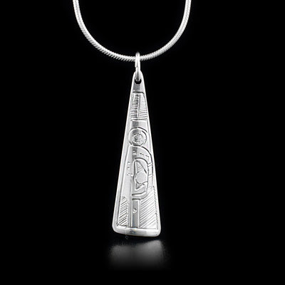 Long, sterling silver triangle pendant depicting hummingbird.