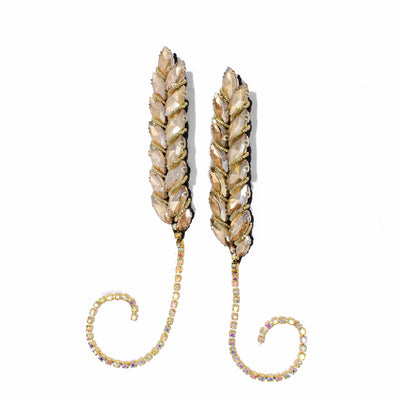 Set of two wheat brooches made of crystals, each brooch has a long string of stones that dangles below. By Ukrainian guest artist Zarmilka.
