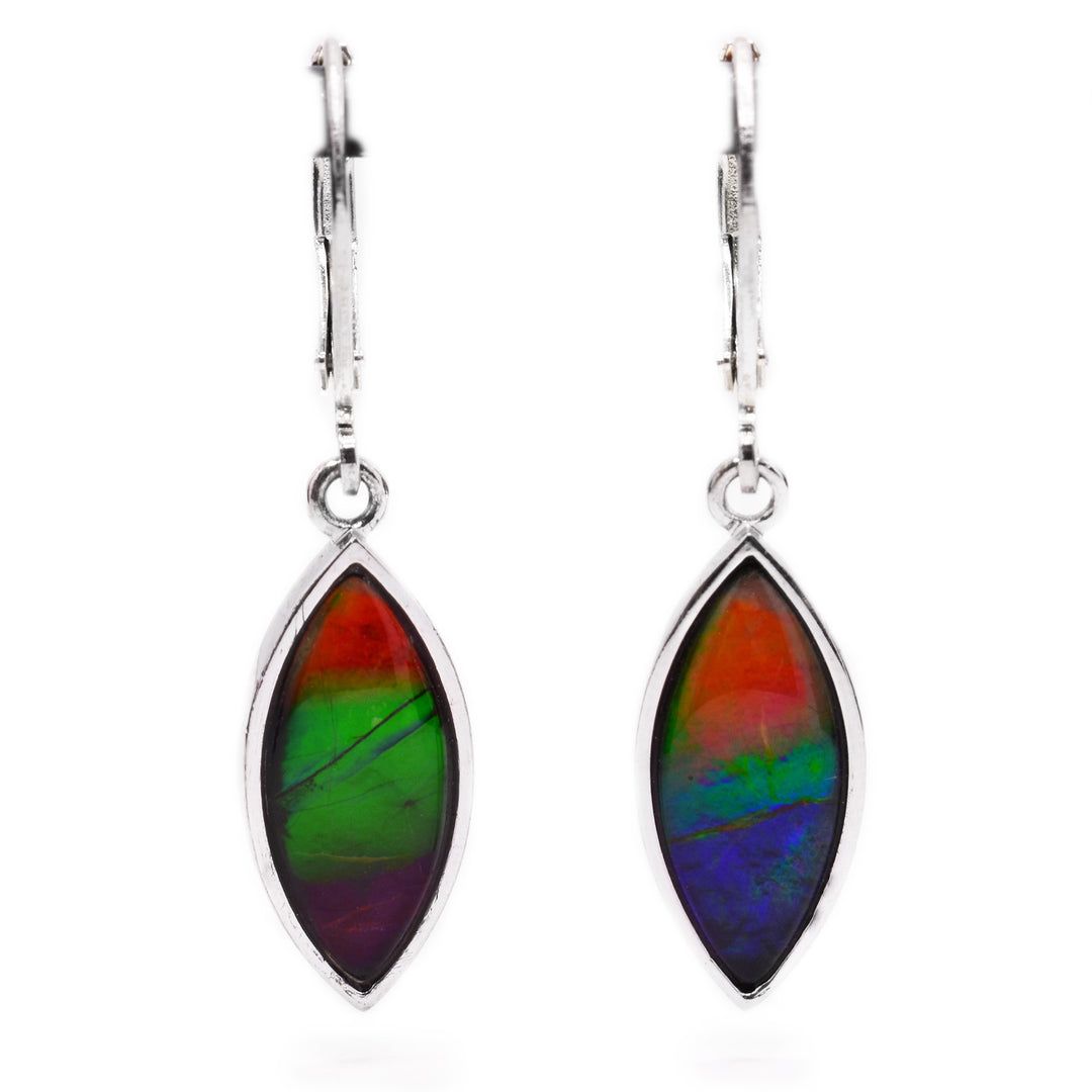 These leverback earrings have marquise shaped ammolite hangs. The colours of the ammolite stones include red at the top, green in the middle, and blue in the bottom.
