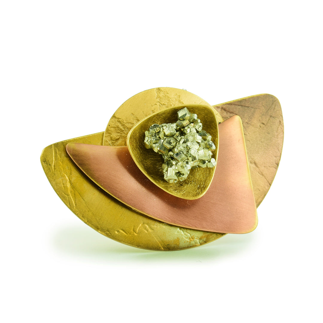 Midnight Sun Brooch - Brass used has the base and a copper triangle and in the middle pyrite. 