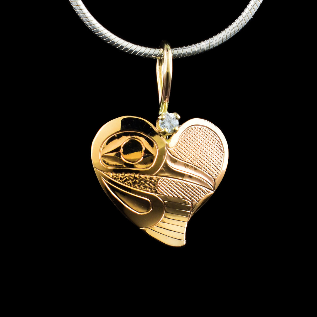 Mini Heart-Shaped Hummingbird Pendant with a diamond on top of the heart.