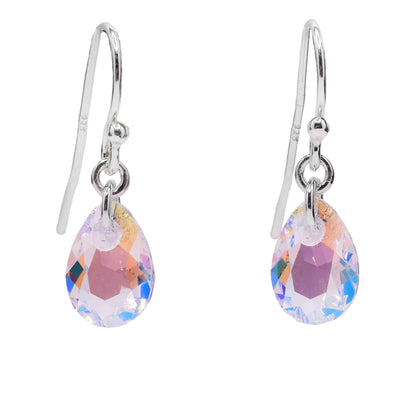 These crystal earrings feature small teardrop white Swarovski crystals with sterling silver hooks.