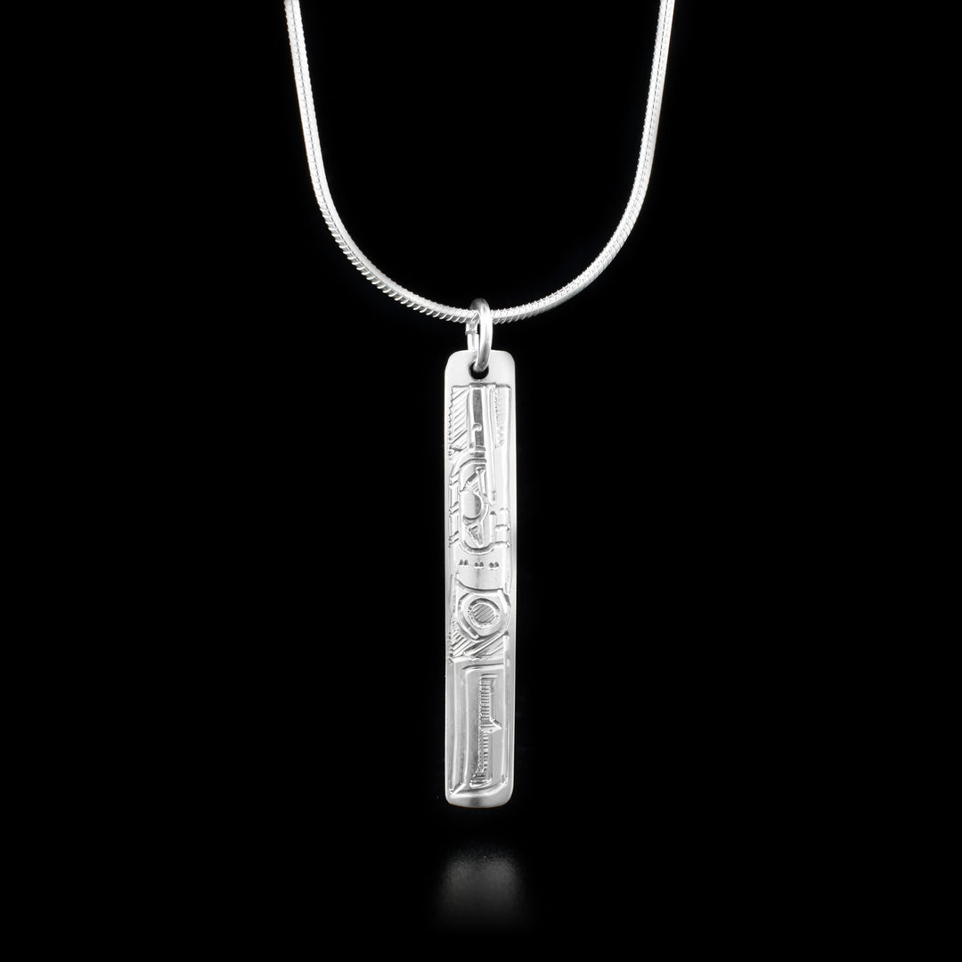 Long mini sterling silver rectangle pendant featuring hummingbird.