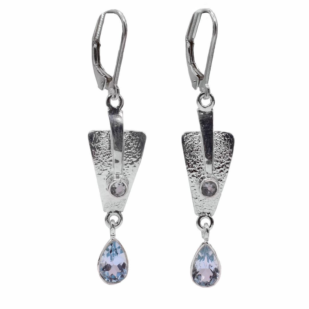 Silver Triangle Blue Topaz Drop Earrings