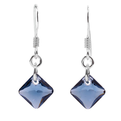 These Swarovski crystal earrings feature blue diamond shaped Montana Swarovski crystals with sterling silver hooks.