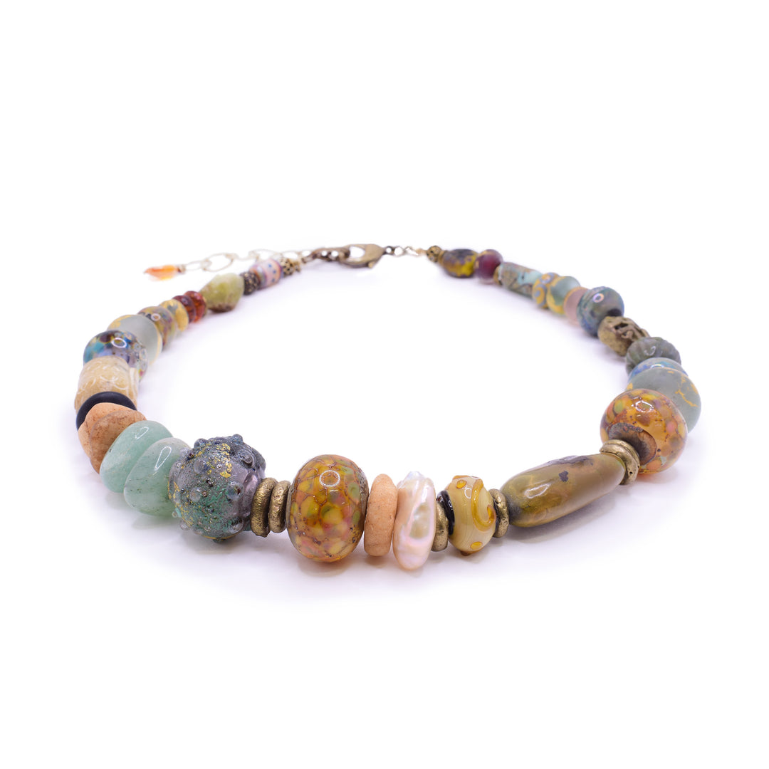 Multi-Color Glass Beach Bead Brass Tone Necklace