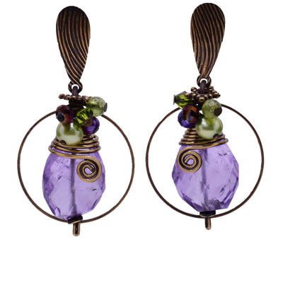 Dangle stud earrings made of Austrian crystal, freshwater pearls, amethyst and peridot. Titanium ear posts. By Honica.