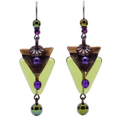 Dangle drop earrings made of glass and brass. Titanium hooks. By Honica.