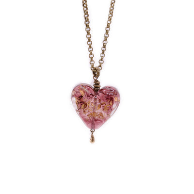 Brass chain with clear, purple-pink handmade lampworked glass heart. Heart has 23K gold leaf inside. By Wendy Pierson.