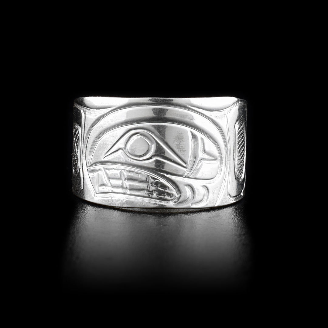 This sterling silver tapered Orca ring has a large band with the Orca carved into it.