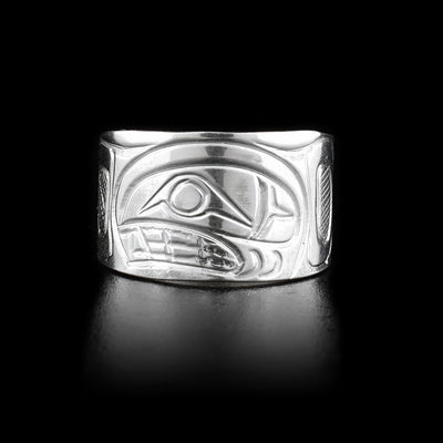 This sterling silver tapered ring has a large band with the Orca carved into it.