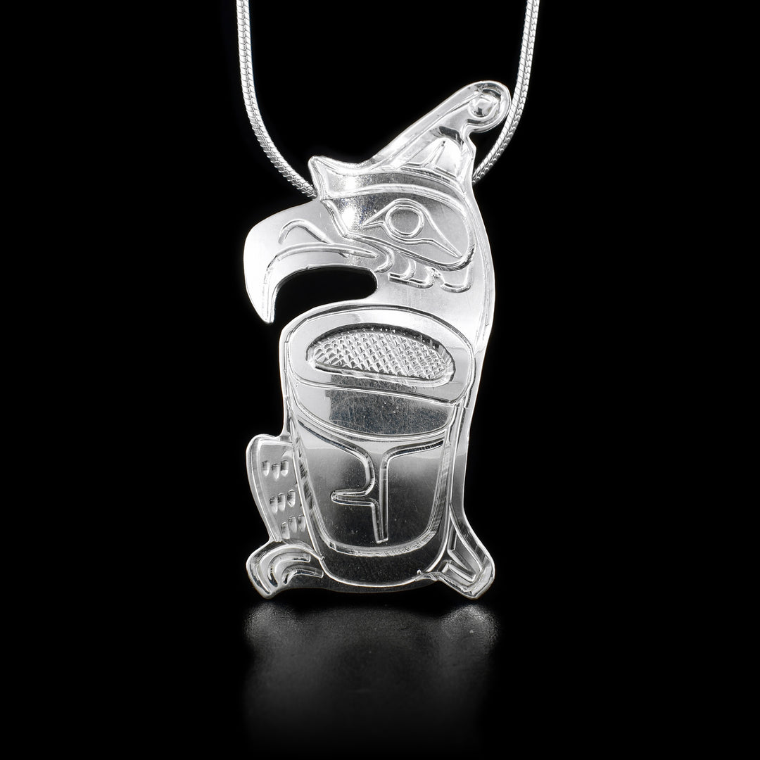 This sterling silver Thunderbird pendant is shaped like the Thunderbird and has engravings on it that depict the Thunderbird