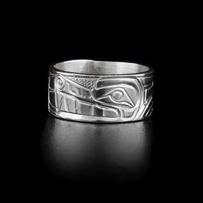 This sterling silver ring is a chunky, single band with the Wolf carved into it.