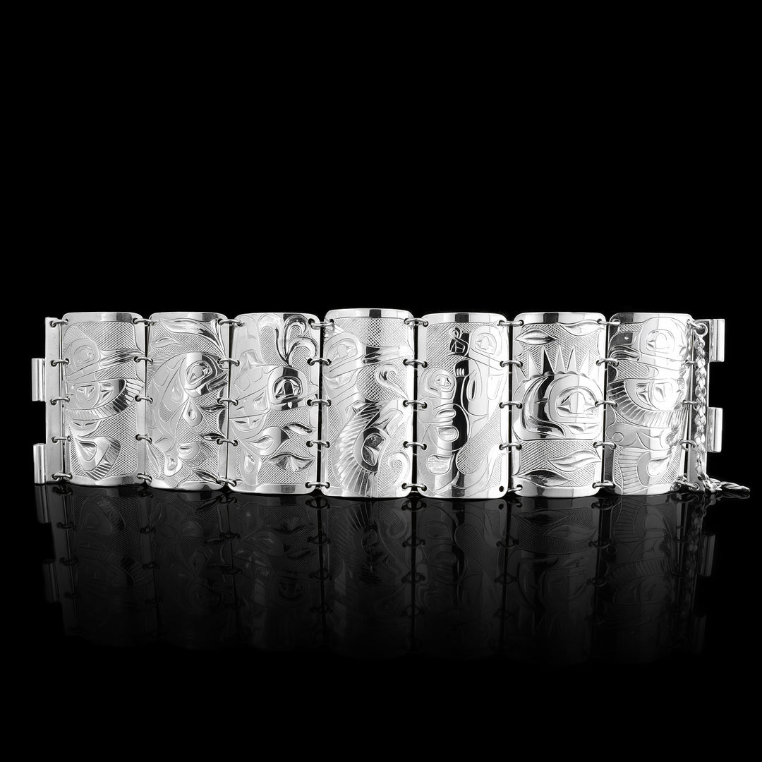 This panel bracelet has 7 rectangle panels made from sterling silver and has an ocean legend carved into each piece. In order it goes the Kingfisher, the Salmon, the Orca, the Thunderbird, the Otter, the Sea Urchin and the Eagle. All of the legends have details carved around them depicting ocean details. The panels are connected with chain links.
