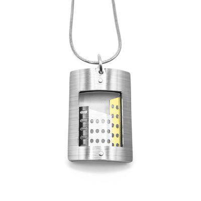 Brushed and anodized open aluminum skyscrapers pendant necklace by JR Franco. Minimalist design.