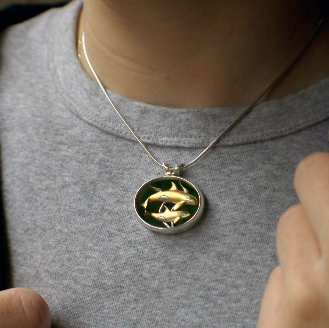Orca Pendant, Gold Orca Pod BC Jade Pendant