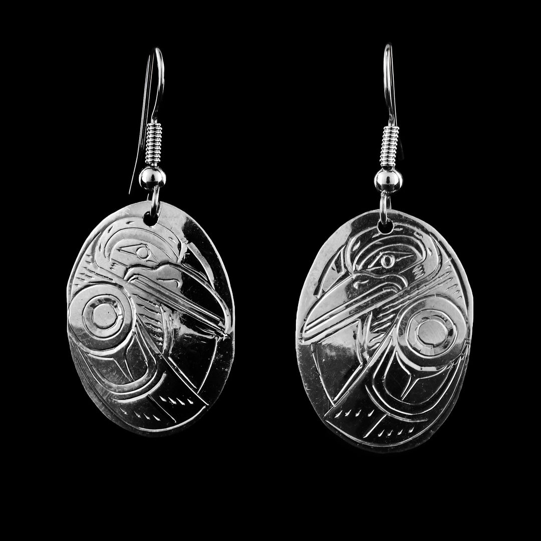 Oval Sterling Silver Raven Earrings