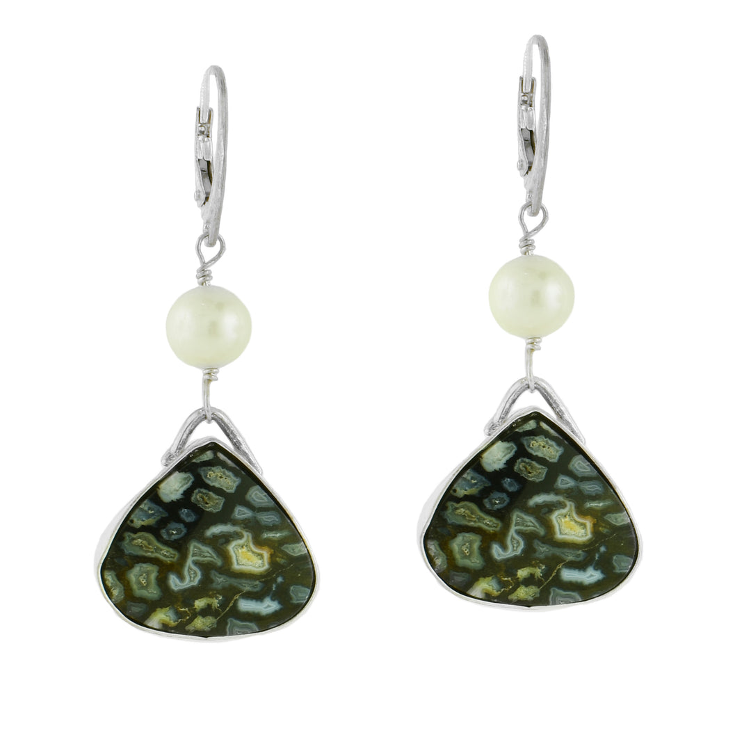 Palm Tree Pearl dangle earrings handcrafted by Johanne Rousseau, featuring natural pearls and sterling silver in an elegant artisan design.