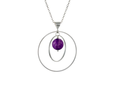 This amethyst necklace has a large sterling silver hoop with a smaller hoop in the middle of it and a sphere shaped amethyst bead in the center of them. All of these pieces are suspended and can orbit around each other.