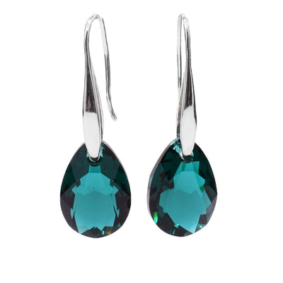 These Swarovski crystal earrings feature pear shaped emerald green Swarovski crystals with sterling silver hooks.