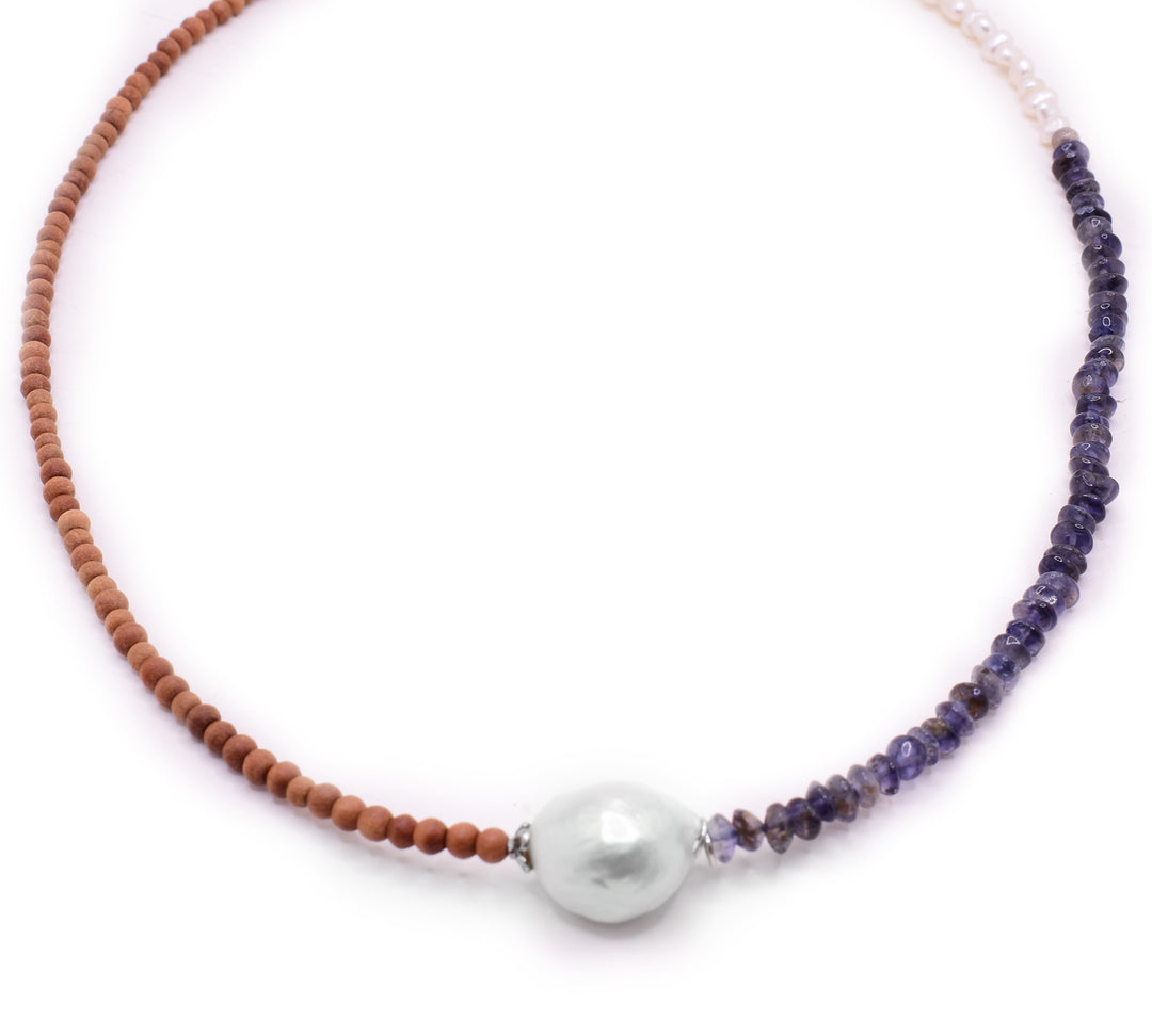 Big Pearl Pendant Choker with Lampworked Glass and Wood - Artina's Jewellery