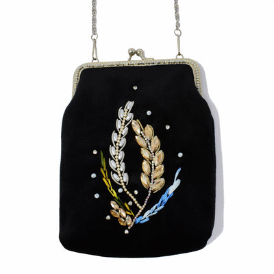 Black fabric purse with clasp at top, vintage-style. Ribbon, faux pearl beads and crystal wheat designs on front in blue, green, white and gold. By Ukrainian guest artist Zarmilka.