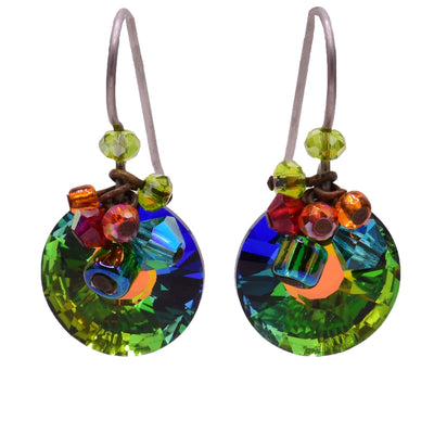 Crystal dangle earrings made of Swarovski crystal and glass. Titanium ear hooks. By Honica.