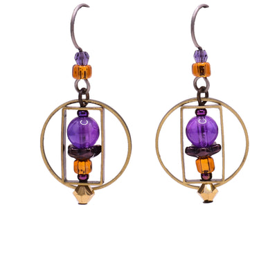 Dangle earrings made of gold-plated Austrian crystal, amethyst, Austrian crystal and glass. Titanium hooks. By Honica.