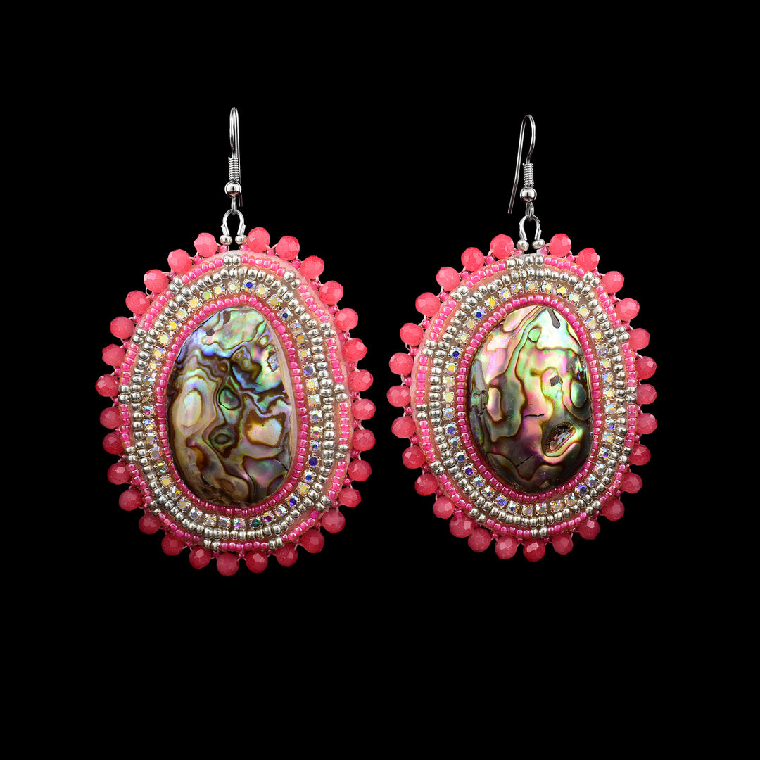 Pink Beaded Dangling Earrings with Abalone