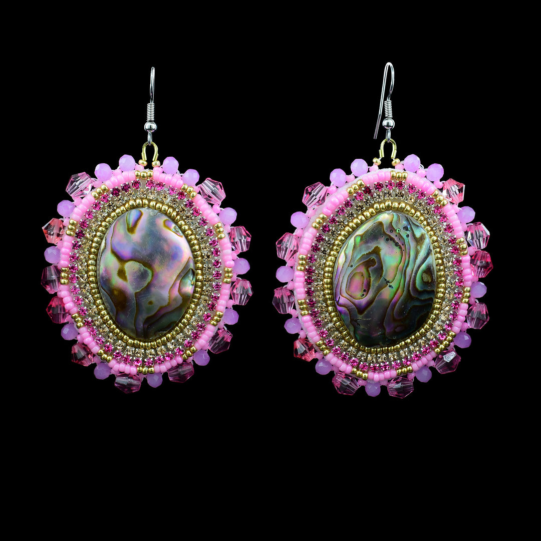Pink Beaded Dangling Earrings with Abalone
