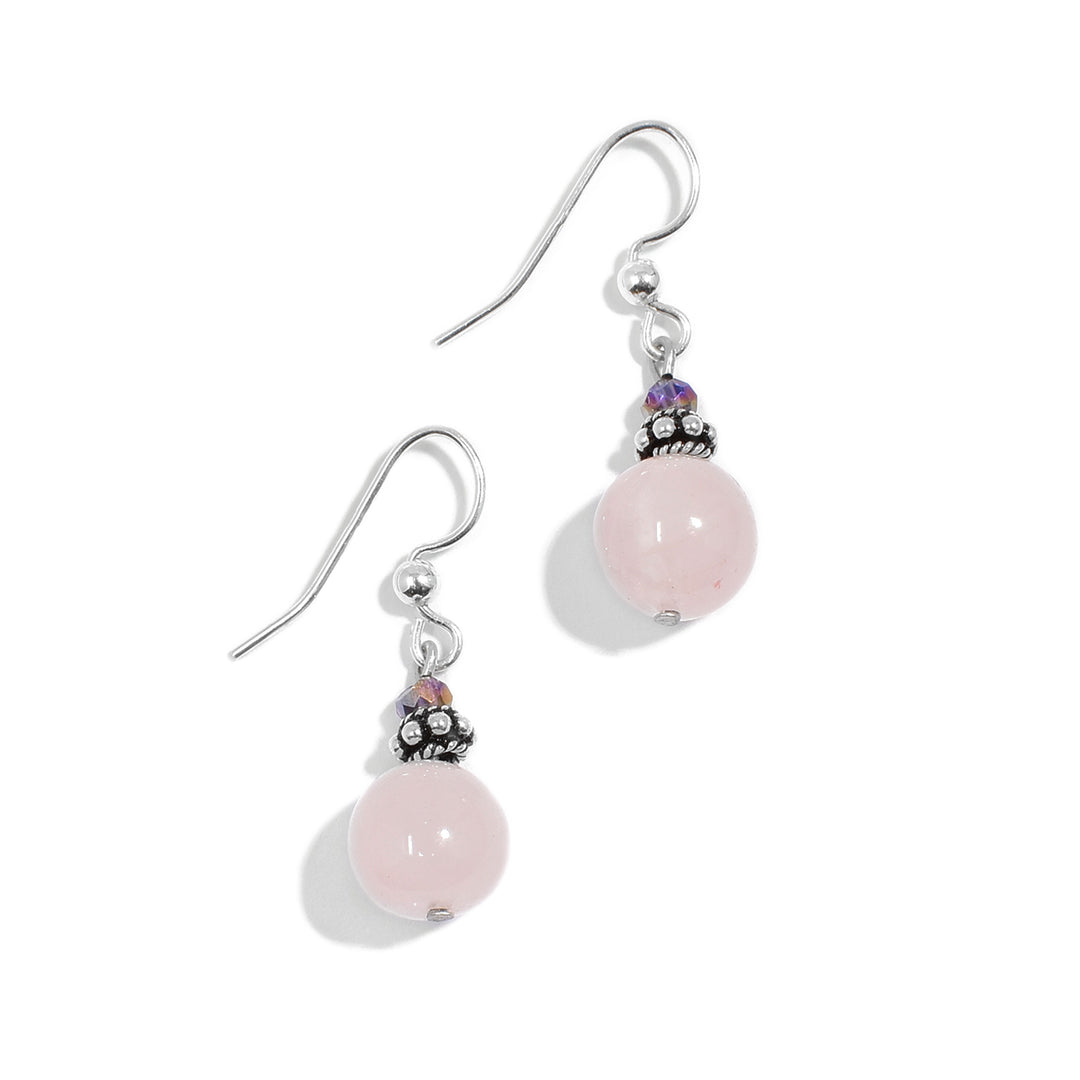 Sterling silver round pink quartzite dangle earrings with multi-coloured crystals and sterling silver adornments.