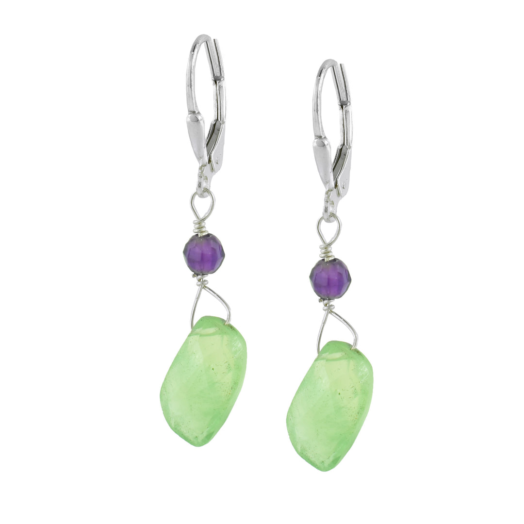 Handcrafted Prehnite Amethyst dangle earrings by Johanne Rousseau, set in sterling silver with luminous natural stones.