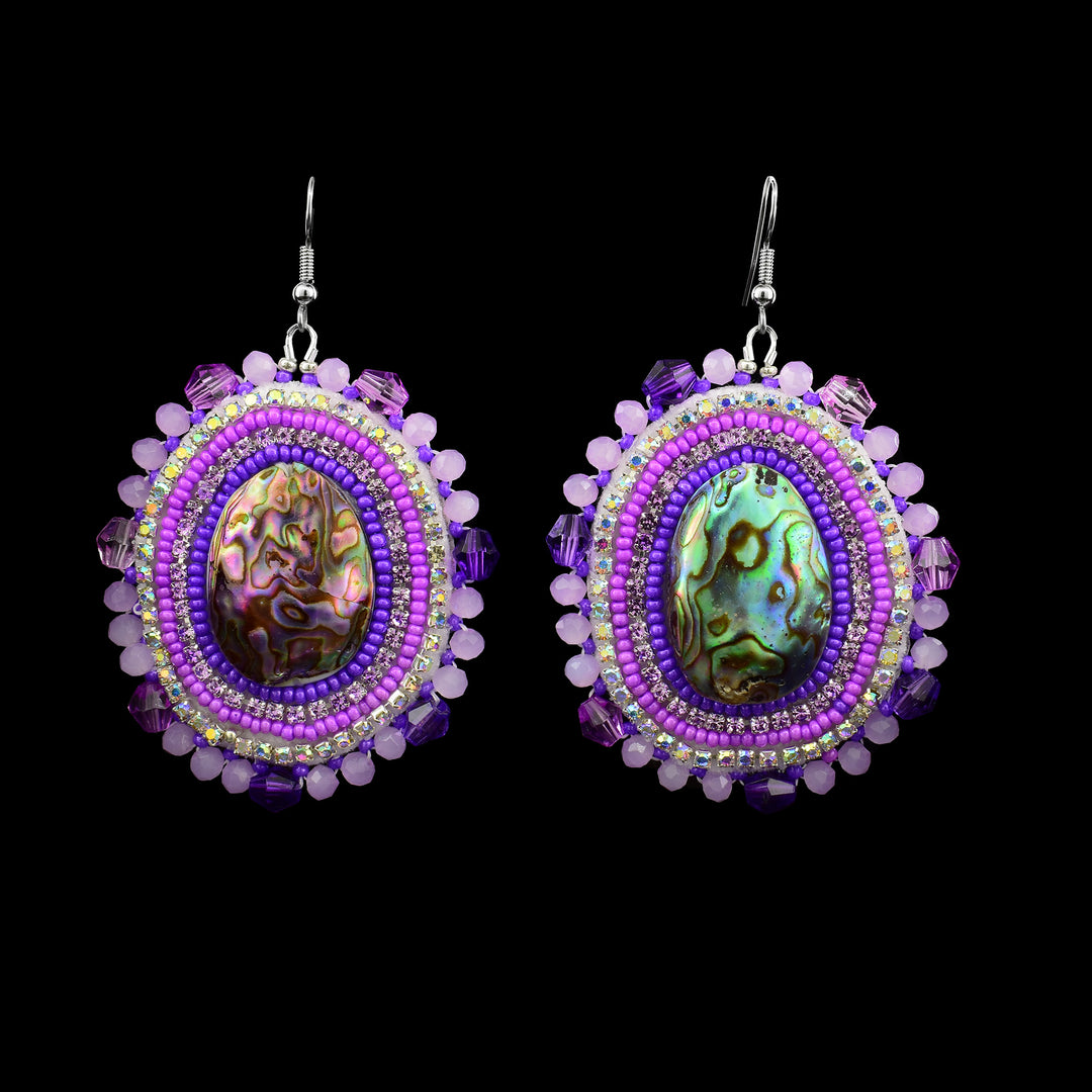 Purple and Pink Beaded Dangling Earrings with Abalone