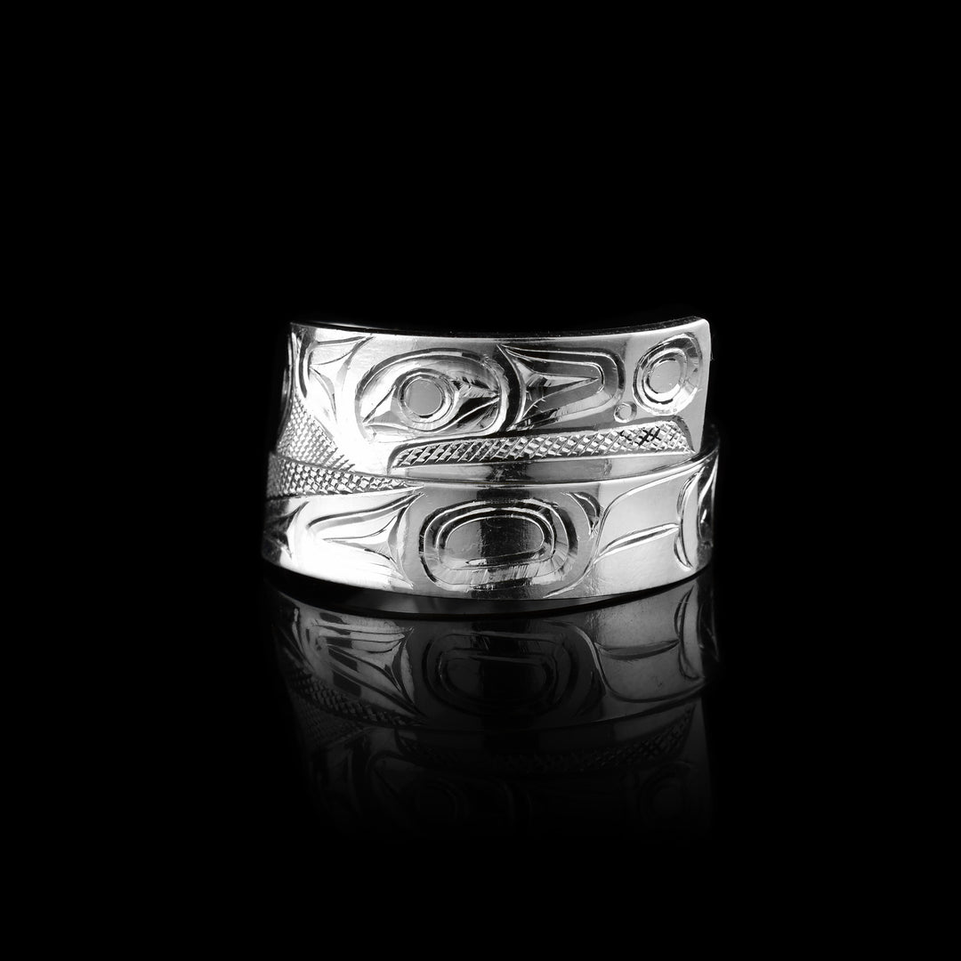 Sterling Silver Raven Wrap Ring, Indigenous carvings of the Ravens face detail the ring. 